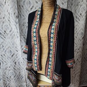 Andree by Unit Cardigan Kimono Womens M Black Pink Aztec Embroider Boho Festival